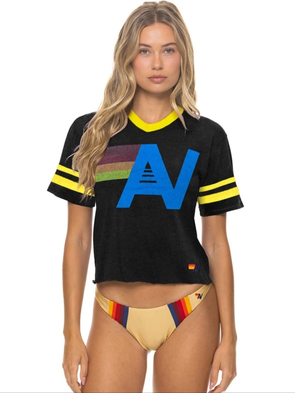 Aviator Nation Logo V-neck Jersey Boyfriend Tee Black Gold Size L